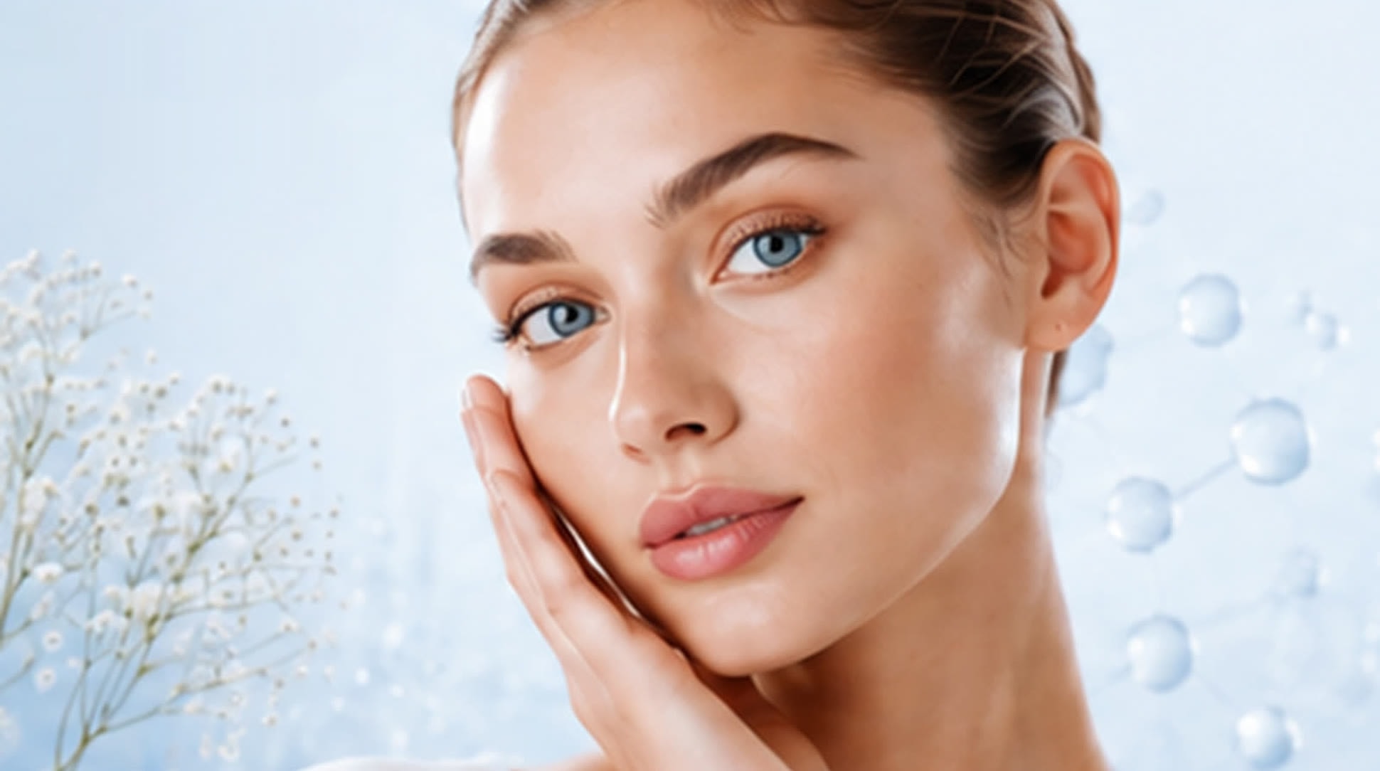 Woman touching her hydrated cheek
