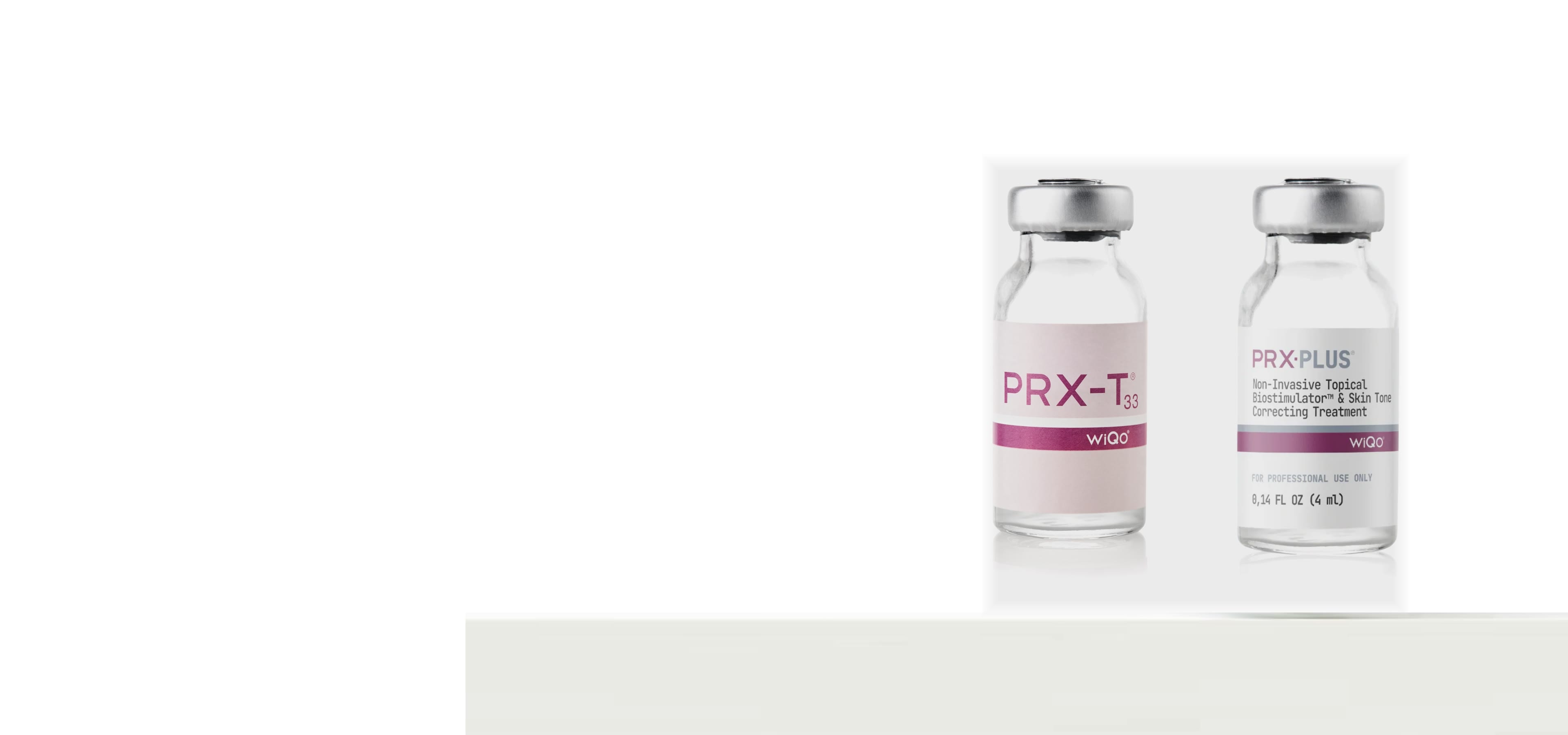 PRX-T33 and PRX-PLUS biostimulator vials on a clinic shelf