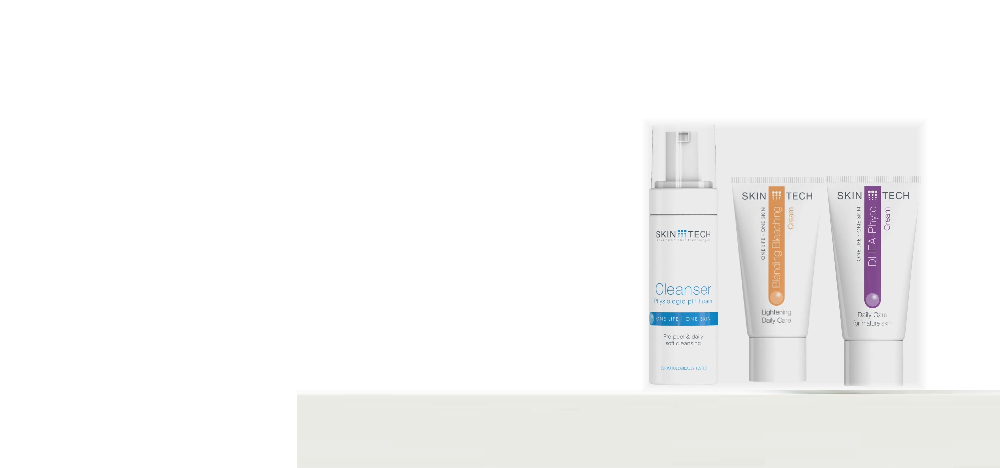 Skin Tech cleanser and daily-care creams on a clinic shelf